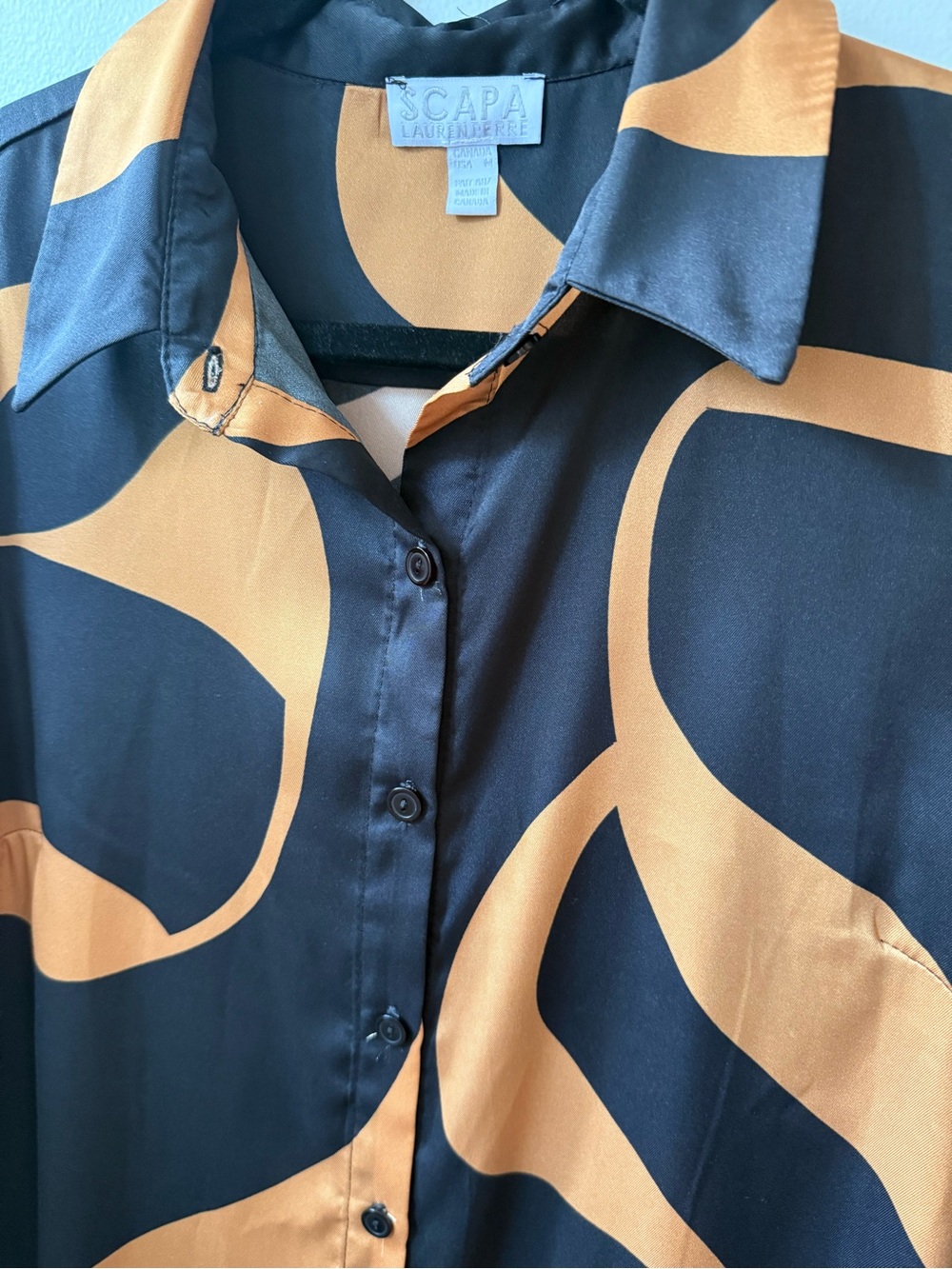 SCAPA Lauren Perre black and copper abstract shirt dress Sz M - Picture 5 of 6